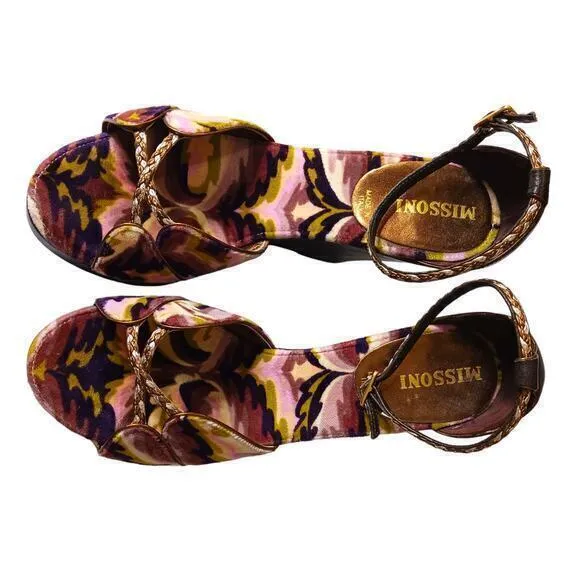 MISSONI Heels Sandals Size 5‎ or 35 High Wedge Ankle Straps Purple Green Gold