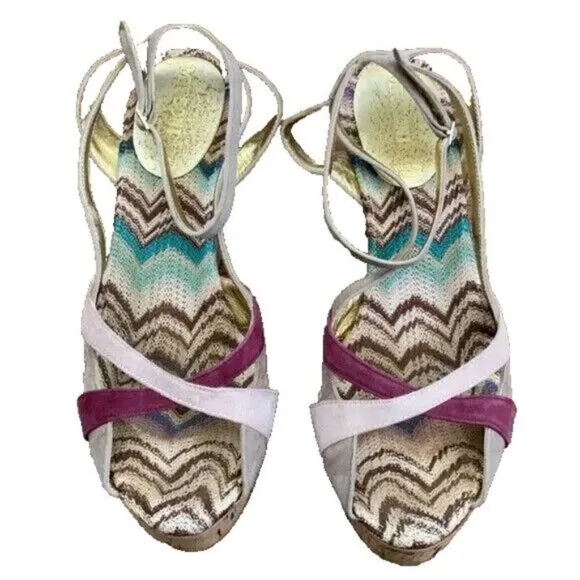 Missoni Wedge Cork Suede Leather Open Toe Sandals Womens 8* Italy Zigzag Chevron