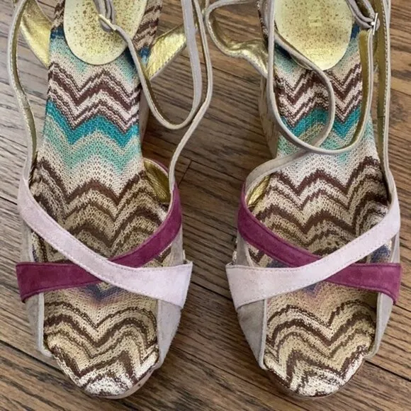 Missoni Wedge Cork Suede Leather Open Toe Sandals Womens 8* Italy Zigzag Chevron