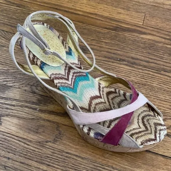 Missoni Wedge Cork Suede Leather Open Toe Sandals Womens 8* Italy Zigzag Chevron