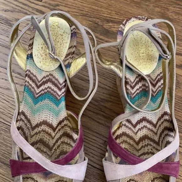 Missoni Wedge Cork Suede Leather Open Toe Sandals Womens 8* Italy Zigzag Chevron