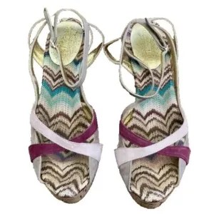 Missoni Wedge Cork Suede Leather Open Toe Sandals Womens 8* Italy Zigzag Chevron
