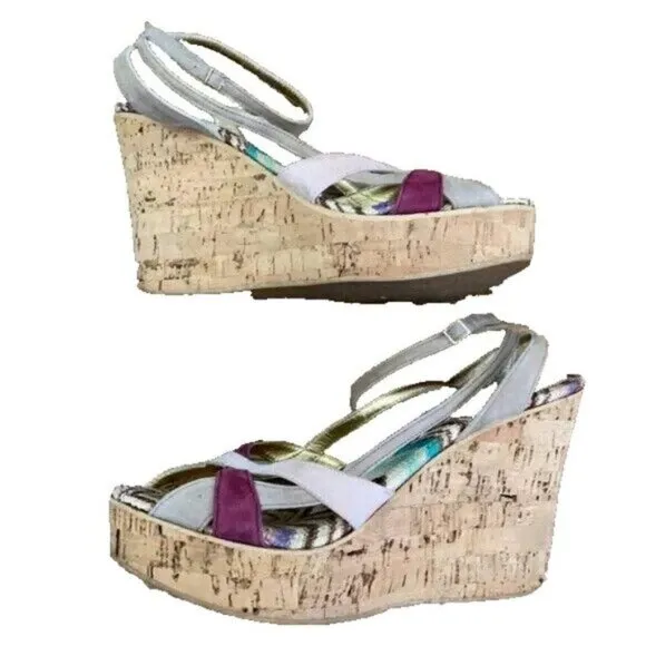 Missoni Wedge Cork Suede Leather Open Toe Sandals Womens 8* Italy Zigzag Chevron
