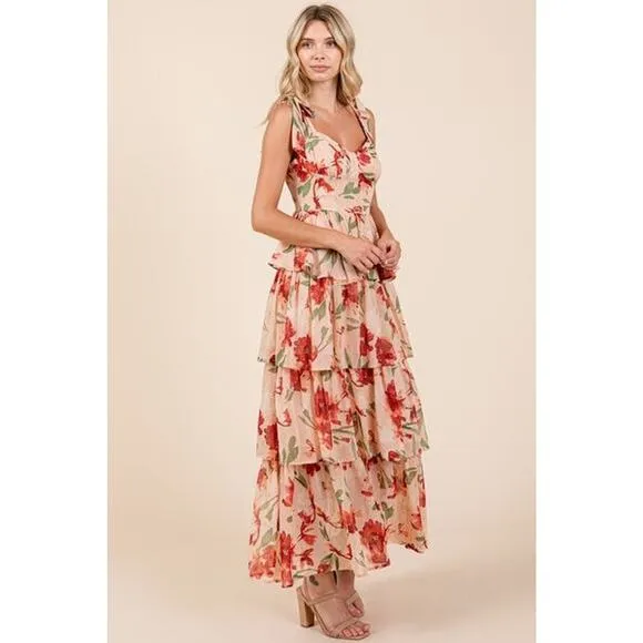 ❤️Mittoshop Layered Floral Pattern Sweetheart Neck Ruffled Maxi Dress | Coral