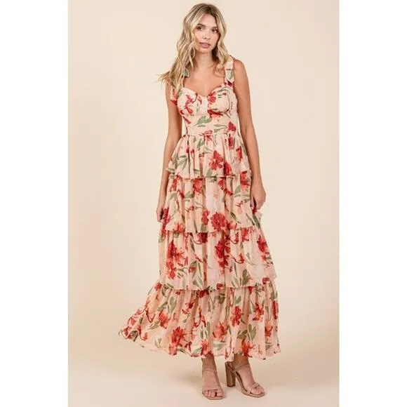 ❤️Mittoshop Layered Floral Pattern Sweetheart Neck Ruffled Maxi Dress | Coral