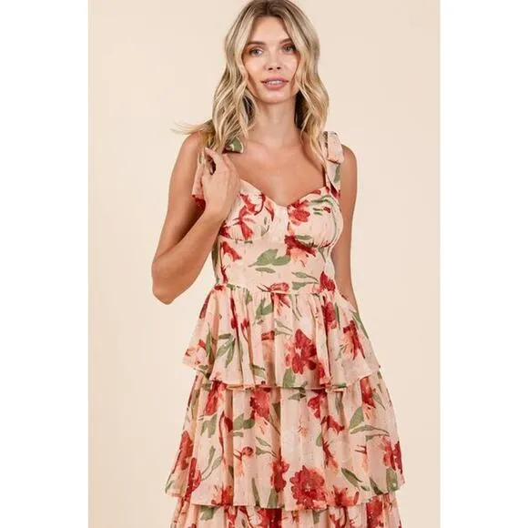 ❤️Mittoshop Layered Floral Pattern Sweetheart Neck Ruffled Maxi Dress | Coral