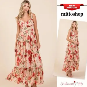 ❤️Mittoshop Layered Floral Pattern Sweetheart Neck Ruffled Maxi Dress | Coral