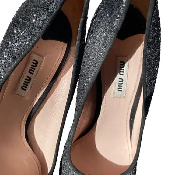 Miu Miu Black Glitter Closed Toe Platform Shoes size EU 38.5 US 8.5 Barbie