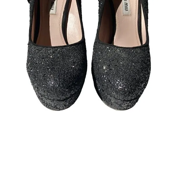 Miu Miu Black Glitter Closed Toe Platform Shoes size EU 38.5 US 8.5 Barbie