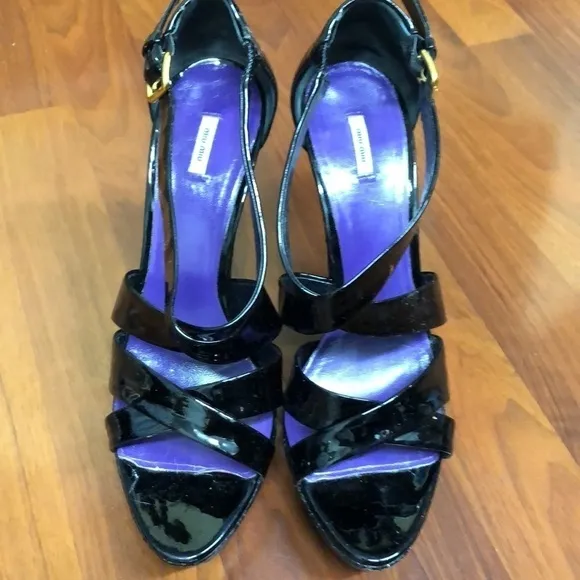 Miu Miu Black Patent Leather Strappy Platform Sandals Size 40.5 EU 10.5 US