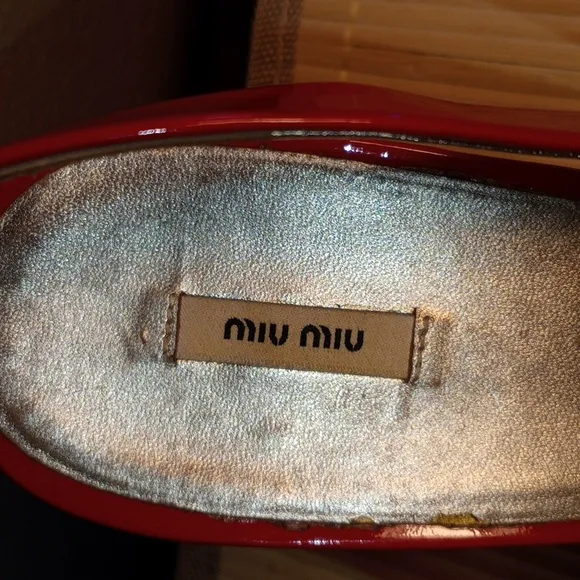MIU MIU Candy Apple Red Patent Leather/Gold Medal Peep Toe Slingback Heels Sz 40