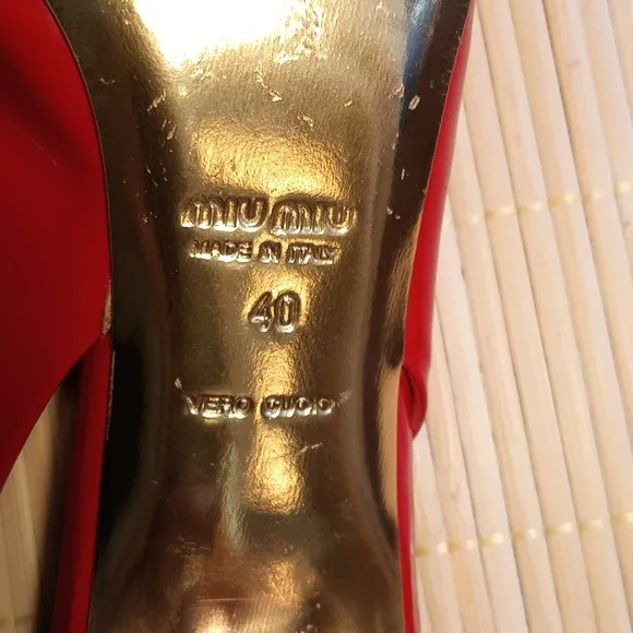 MIU MIU Candy Apple Red Patent Leather/Gold Medal Peep Toe Slingback Heels Sz 40