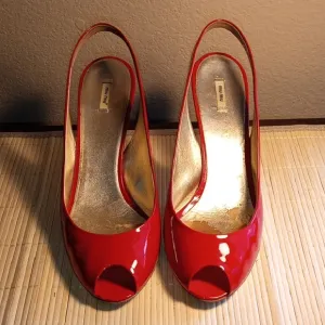 MIU MIU Candy Apple Red Patent Leather/Gold Medal Peep Toe Slingback Heels Sz 40
