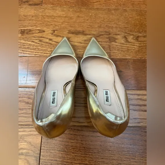 MIU MIU Gold Lame Leather Glitter Pumps Shoes Sz 36.5 US 6