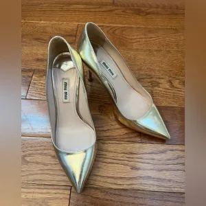 MIU MIU Gold Lame Leather Glitter Pumps Shoes Sz 36.5 US 6