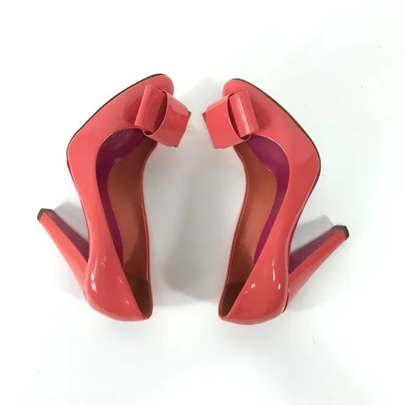 MIU MIU Shoes Womens 6 EU 36.5 Coral Orange Patent Leather Heels Bow Designer
