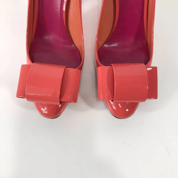 MIU MIU Shoes Womens 6 EU 36.5 Coral Orange Patent Leather Heels Bow Designer