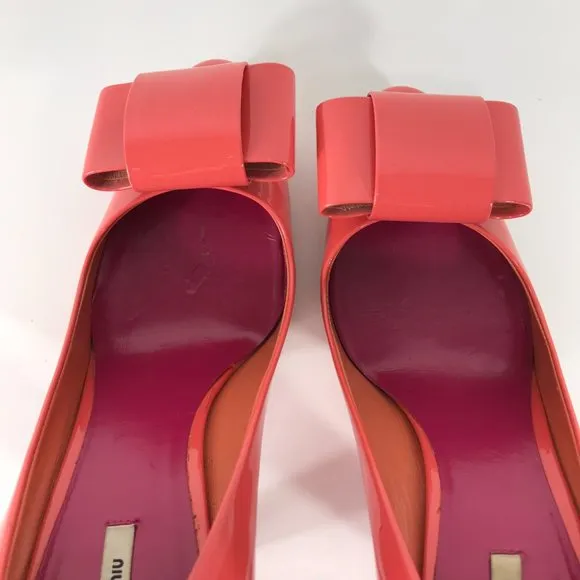 MIU MIU Shoes Womens 6 EU 36.5 Coral Orange Patent Leather Heels Bow Designer