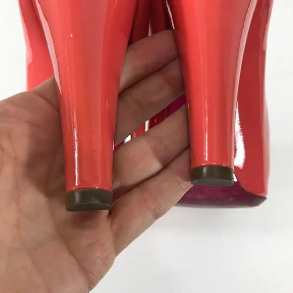 MIU MIU Shoes Womens 6 EU 36.5 Coral Orange Patent Leather Heels Bow Designer