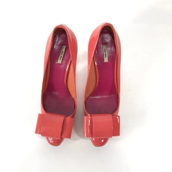 MIU MIU Shoes Womens 6 EU 36.5 Coral Orange Patent Leather Heels Bow Designer