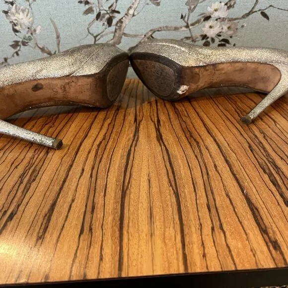 Miu Miu Silver Glitter Peep Toe Heels Pumps Stilettos Size 7 ½