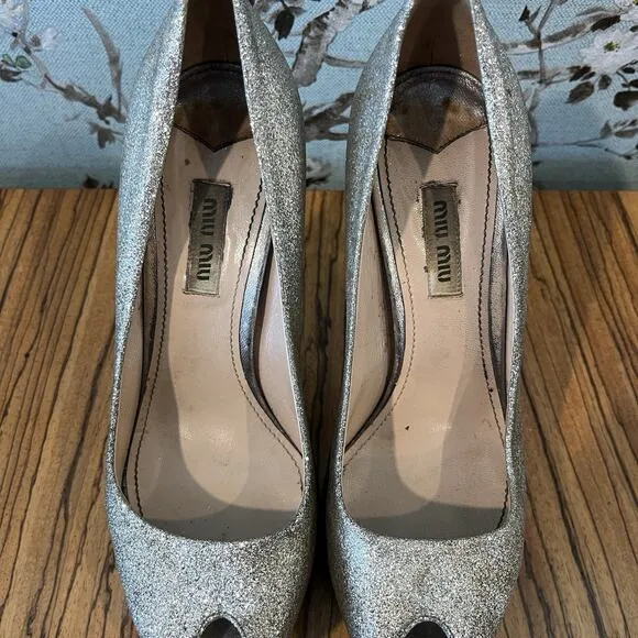 Miu Miu Silver Glitter Peep Toe Heels Pumps Stilettos Size 7 ½