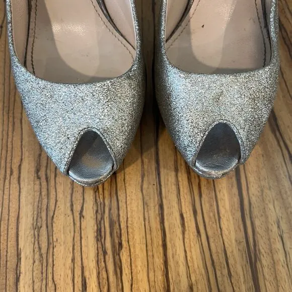 Miu Miu Silver Glitter Peep Toe Heels Pumps Stilettos Size 7 ½