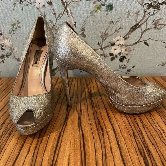 Miu Miu Silver Glitter Peep Toe Heels Pumps Stilettos Size 7 ½