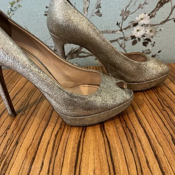 Miu Miu Silver Glitter Peep Toe Heels Pumps Stilettos Size 7 ½