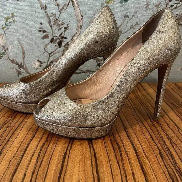 Miu Miu Silver Glitter Peep Toe Heels Pumps Stilettos Size 7 ½