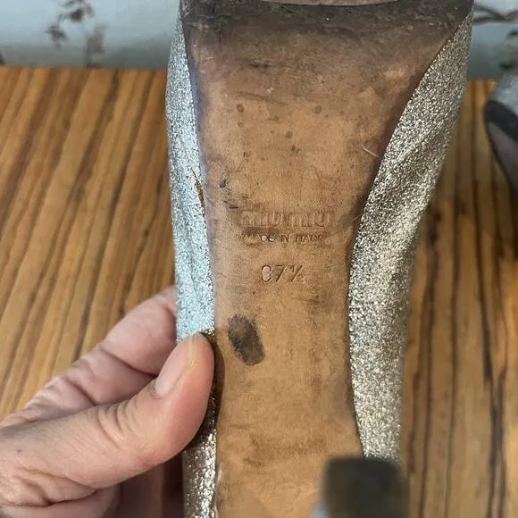 Miu Miu Silver Glitter Peep Toe Heels Pumps Stilettos Size 7 ½