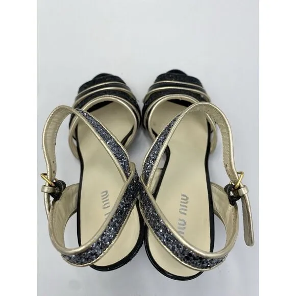 Miu Miu Women's Leather Strappy Open Toe Glitter Heels Black Size 36.5 US Sz 6.5