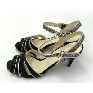 Miu Miu Women's Leather Strappy Open Toe Glitter Heels Black Size 36.5 US Sz 6.5