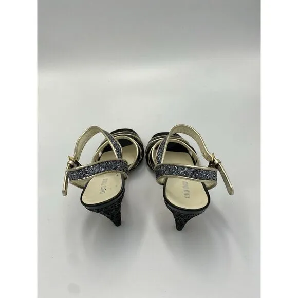 Miu Miu Women's Leather Strappy Open Toe Glitter Heels Black Size 36.5 US Sz 6.5