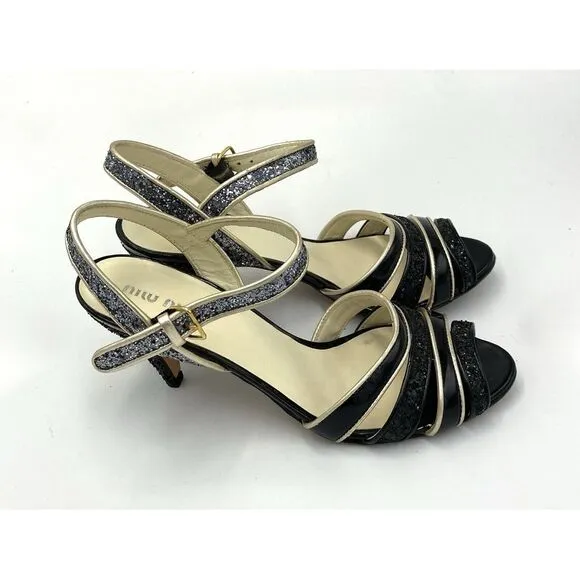 Miu Miu Women's Leather Strappy Open Toe Glitter Heels Black Size 36.5 US Sz 6.5