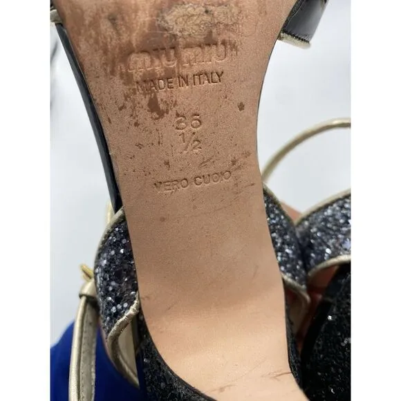 Miu Miu Women's Leather Strappy Open Toe Glitter Heels Black Size 36.5 US Sz 6.5
