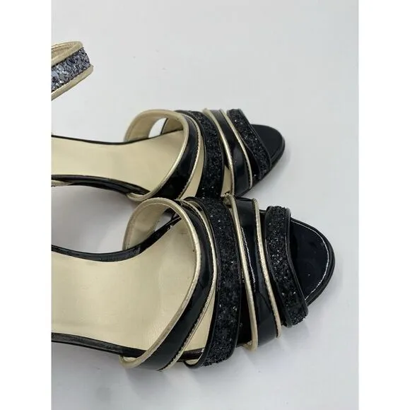 Miu Miu Women's Leather Strappy Open Toe Glitter Heels Black Size 36.5 US Sz 6.5