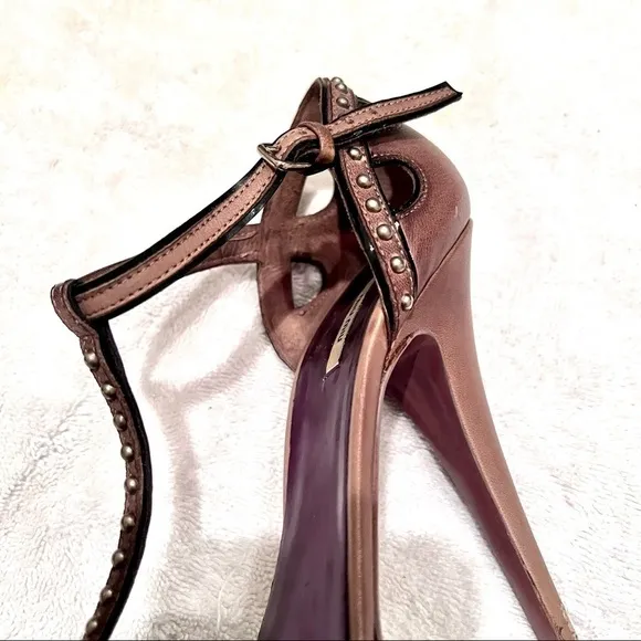MIU MIU Y2K Coquette Victorian Embellished Leather T-Strap Tan pumps womens 9