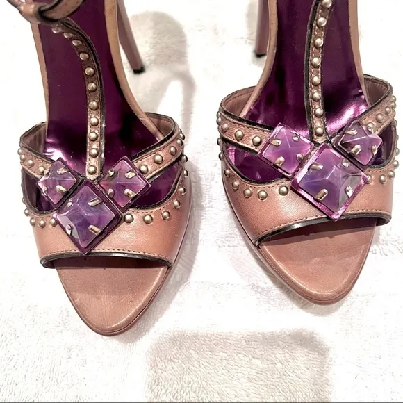 MIU MIU Y2K Coquette Victorian Embellished Leather T-Strap Tan pumps womens 9