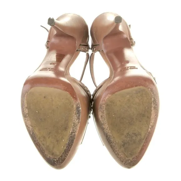 MIU MIU Y2K Coquette Victorian Embellished Leather T-Strap Tan pumps womens 9