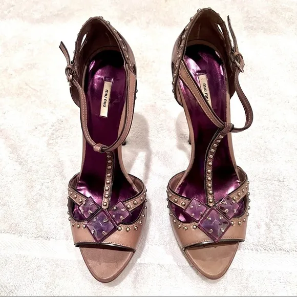 MIU MIU Y2K Coquette Victorian Embellished Leather T-Strap Tan pumps womens 9