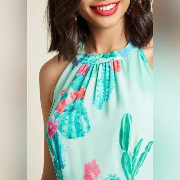 Modcloth Green Blue Floral Fit Flare Halter Cocktail Mini Midi Dress Medium