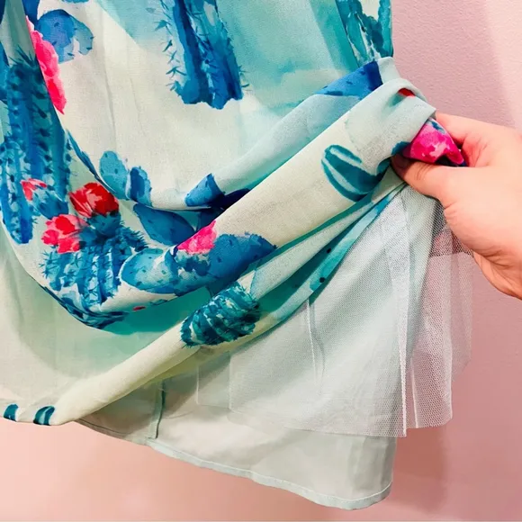 Modcloth Green Blue Floral Fit Flare Halter Cocktail Mini Midi Dress Medium