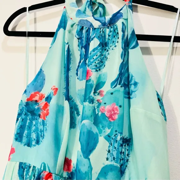 Modcloth Green Blue Floral Fit Flare Halter Cocktail Mini Midi Dress Medium