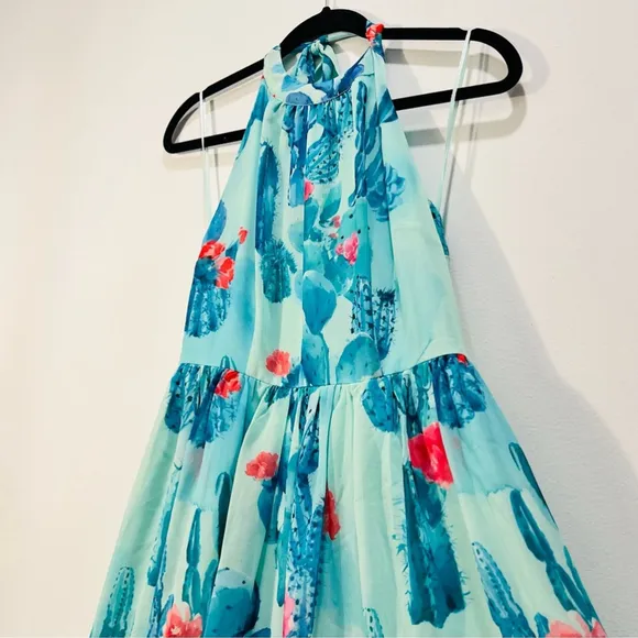 Modcloth Green Blue Floral Fit Flare Halter Cocktail Mini Midi Dress Medium
