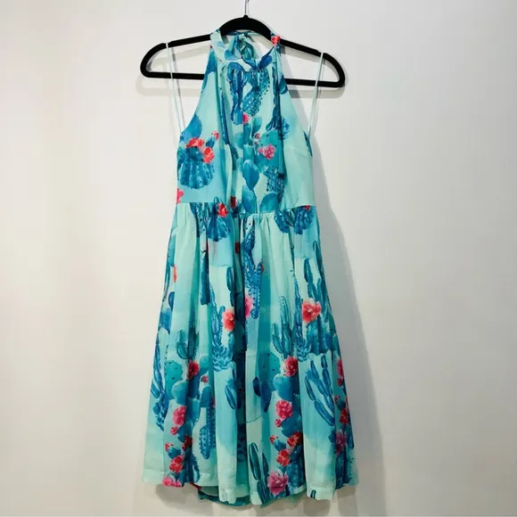 Modcloth Green Blue Floral Fit Flare Halter Cocktail Mini Midi Dress Medium