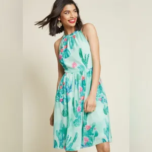 Modcloth Green Blue Floral Fit Flare Halter Cocktail Mini Midi Dress Medium