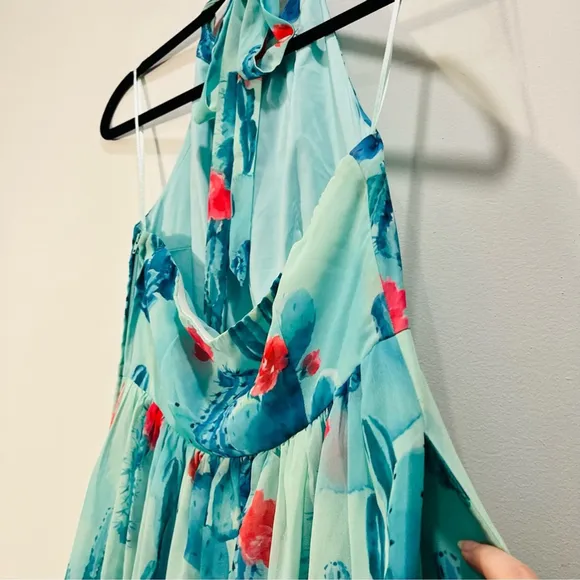 Modcloth Green Blue Floral Fit Flare Halter Cocktail Mini Midi Dress Medium