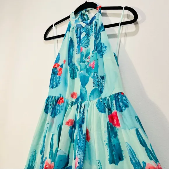 Modcloth Green Blue Floral Fit Flare Halter Cocktail Mini Midi Dress Medium