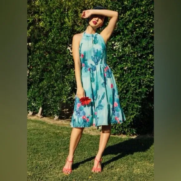 Modcloth Green Blue Floral Fit Flare Halter Cocktail Mini Midi Dress Medium
